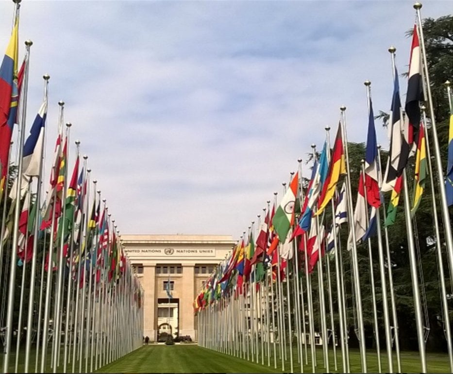 The alley of flags at the Palais des Nations in Geneva
